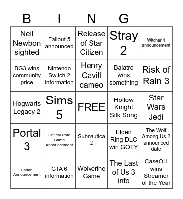 Game Awards Bingo Card