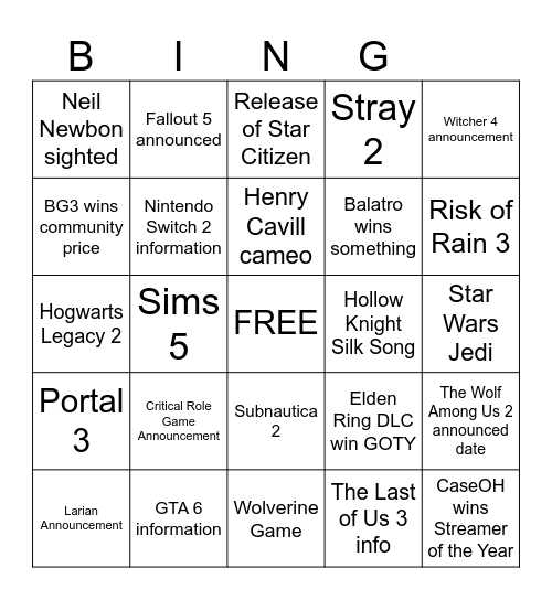 Game Awards Bingo Card