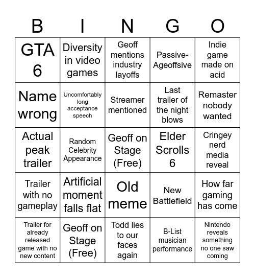 Slop Awards 2024 Bingo Card