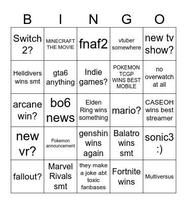 GAMER AWARDS Bingo Card