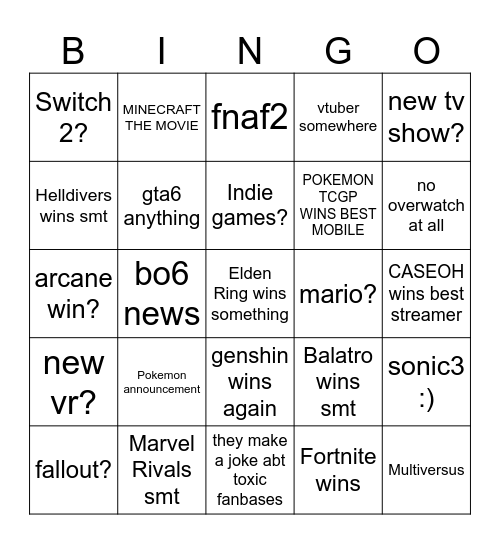 GAMER AWARDS Bingo Card