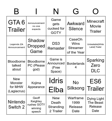 Game Awards 2024 Bingo Card