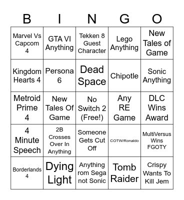 Game Awards 2024 Jem Card Bingo Card