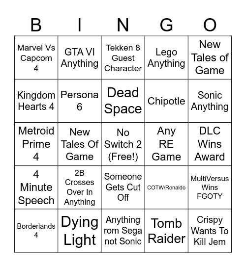 Game Awards 2024 Jem Card Bingo Card