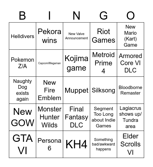 Game Awards Bingo Card