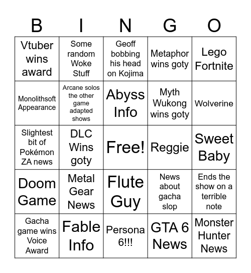 Game Awards Bingo 2024 Bingo Card