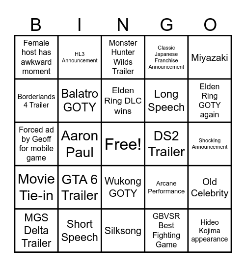 TGA BINGO Card