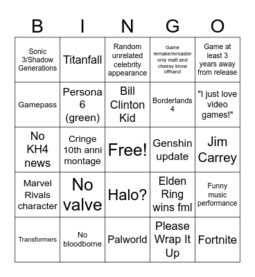 Game Awards Bingo Card