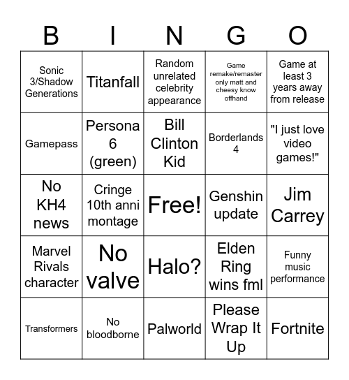Game Awards Bingo Card