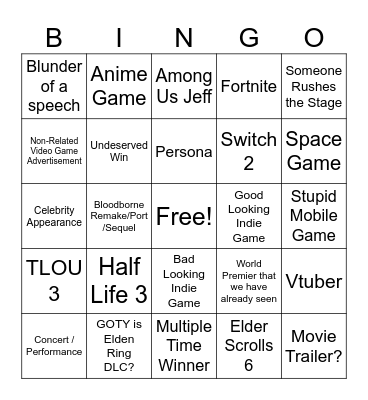 Game Awards Bingo Card