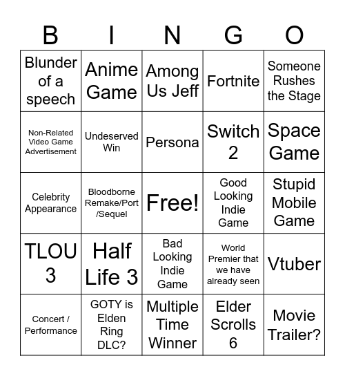 Game Awards Bingo Card