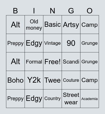Fashion bingo Card