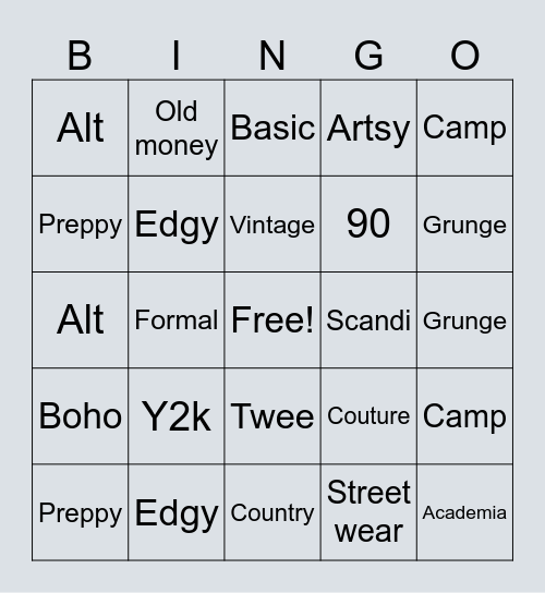 Fashion bingo Card