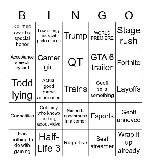 Game Awards 2024 Bingo Card