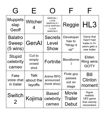 The Game Awards 2024 Bingo Card