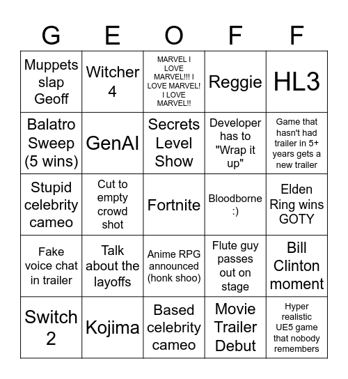 The Game Awards 2024 Bingo Card