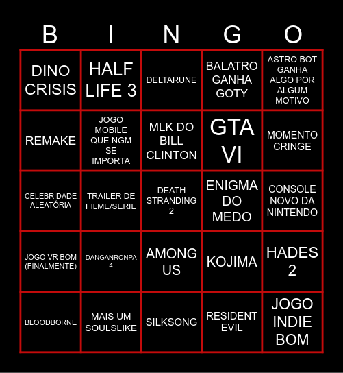 BINGO DO SNAG PRO TGA Bingo Card