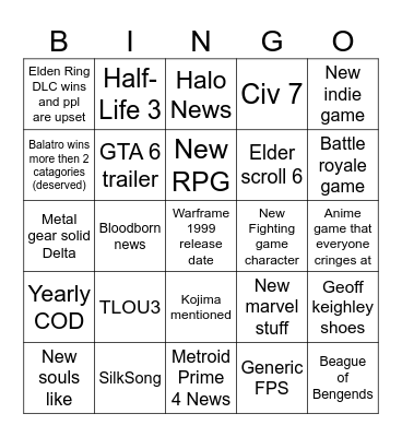Game Awards Bingo Card
