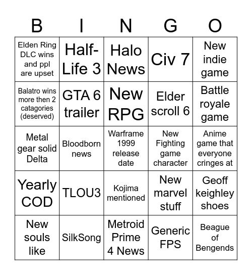 Game Awards Bingo Card