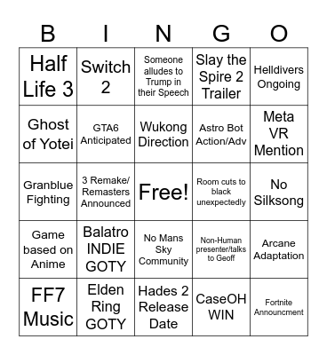 Game Awards Bingo Card