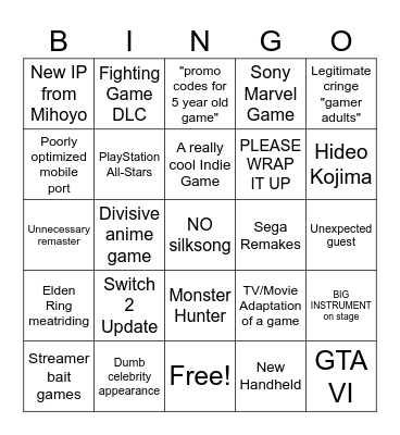 Game Awards 2024 Bingo Card