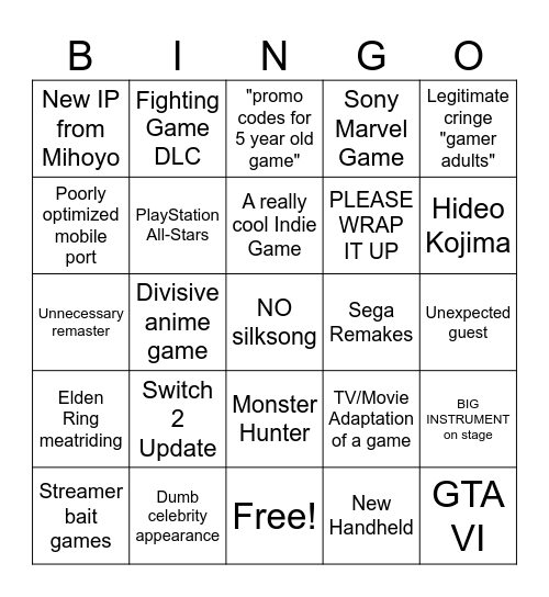 Game Awards 2024 Bingo Card