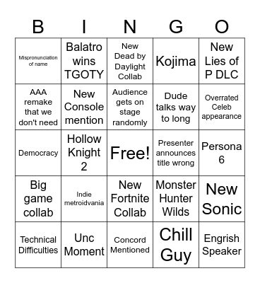 The Game Awards Bingo Card