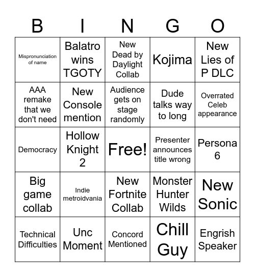 The Game Awards Bingo Card