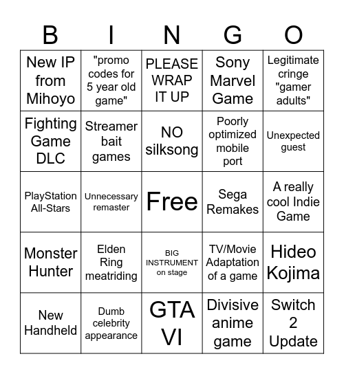 Game Awards 2024 Bingo Card