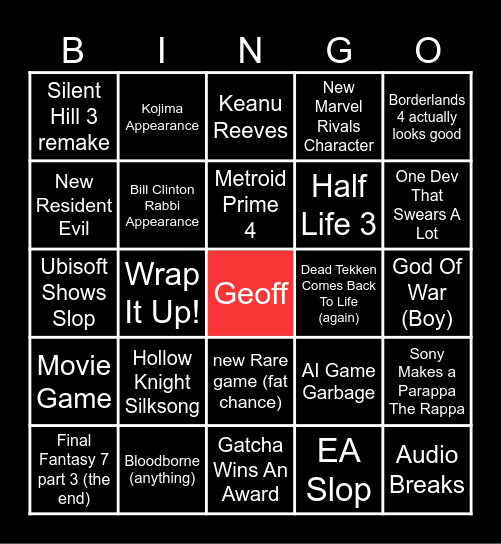 Game Awards Bingo Card