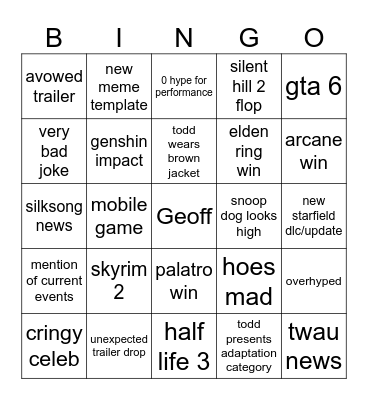 Game awards 2024 Bingo Card