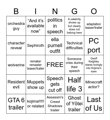 The Game Awards 2024 Bingo Card