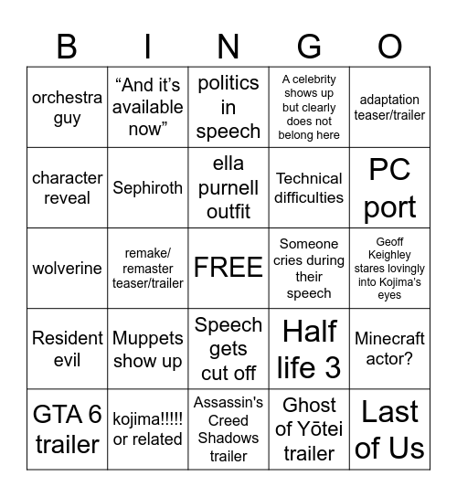 The Game Awards 2024 Bingo Card