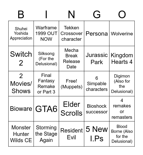 Game Awards 2024 Bingo Card