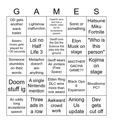 The Game Awards 2024 Bingo Card