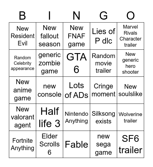 Game Awards Bingo Card