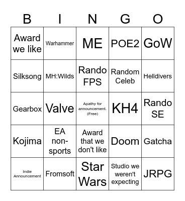 TGA Bingo Card