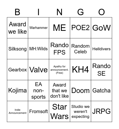 TGA Bingo Card