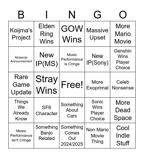 Game Awards Bingo Card