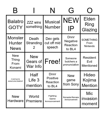 Game Awards Bingo Card