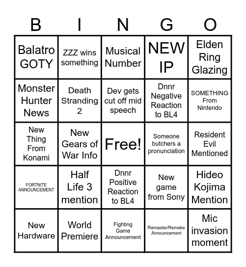 Game Awards Bingo Card