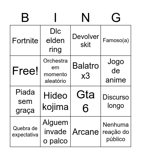 Bingo do tga Bingo Card