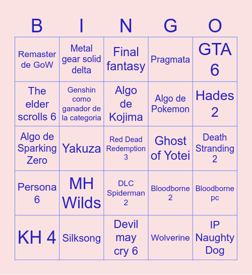 Game Awards Bingo Card