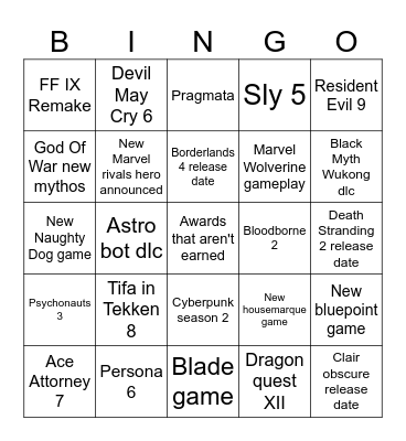 TGA 2024 Andy predictions Bingo Card