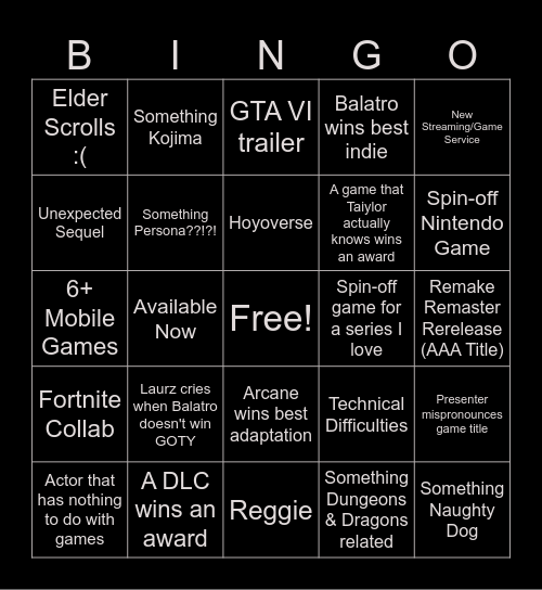 Game Awards Bingo Card