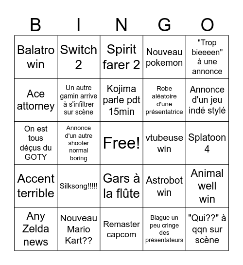 Game Awards 2024 Bingo Card