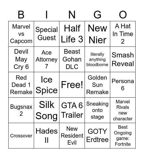 Game Awards Bingo Card