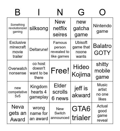 Game awards 2024 Bingo Card