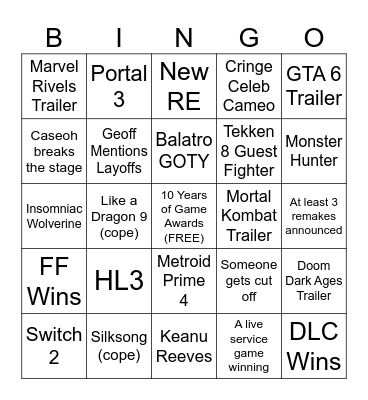 Game Awards Bingo Card