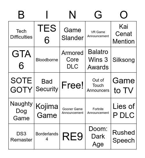 Game Awards 2024 Bingo Card